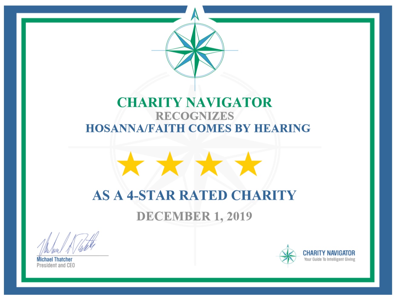 FAITH COMES BY HEARING EARNS COVETED 4-STAR RATING FROM CHARITY NAVIGATOR